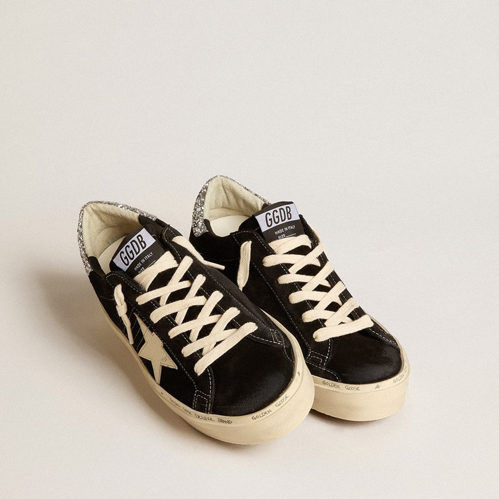 Golden Goose Hi Star In Black Leather With Silver Glitter Heel Tab GWF00118.F005045.90201