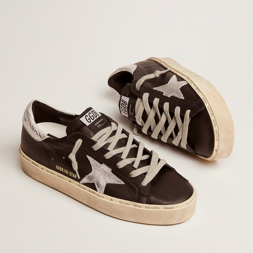 Golden Goose Hi Star In Black Leather With Silver Laminated Leather Star GWF00118.F000328.90179