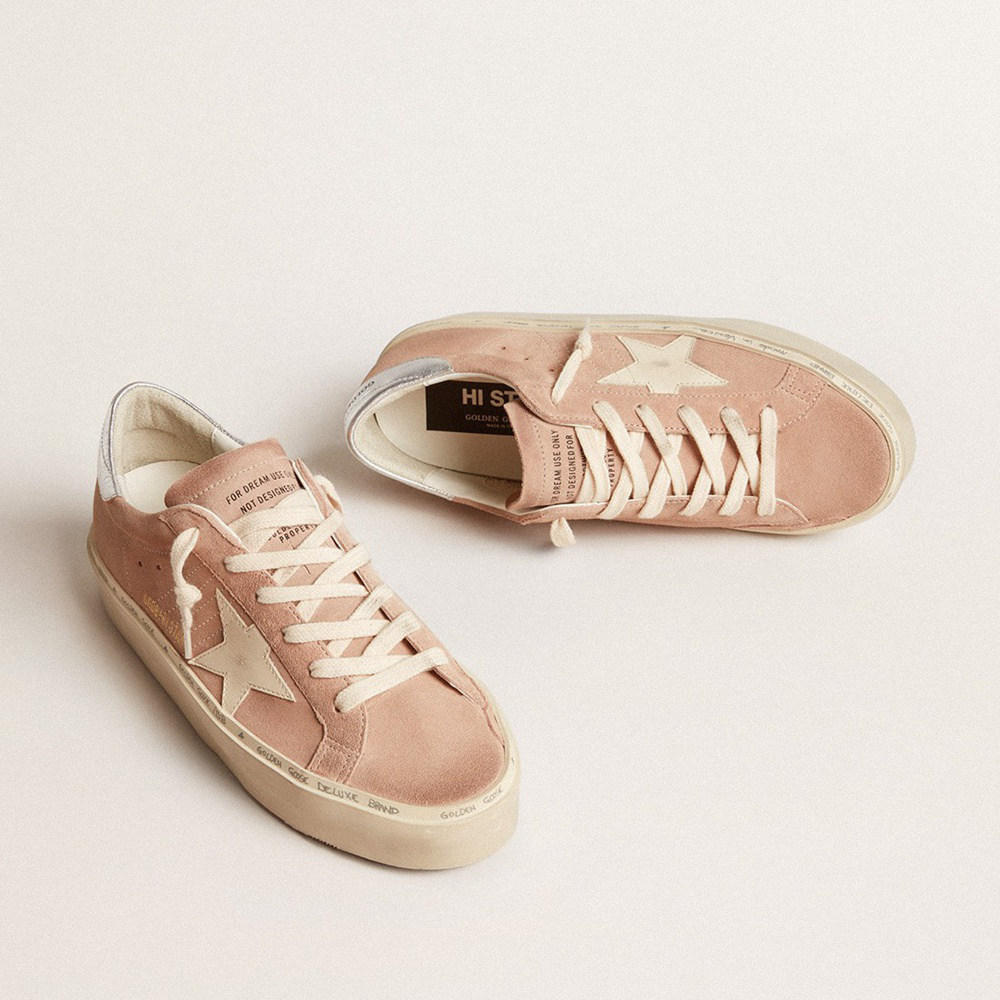 Golden Goose Hi Star In Pink Suede With Cream Star And Silver Leather Heel Tab GWF00118.F005857.25726