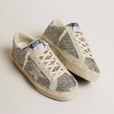 Golden Goose Hi Star In Silver Glitter With Suede Star And White Heel Tab GWF00118.F005100.70287