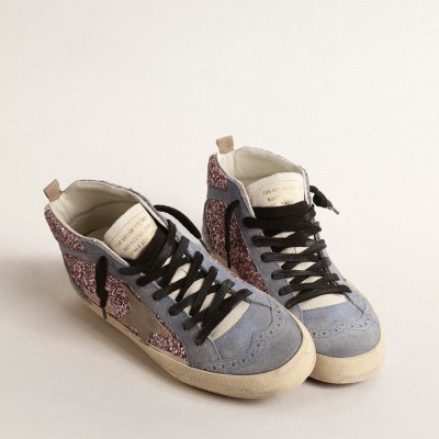 Golden Goose Mid Star LTD In Lilac Glitter With Light Blue Suede Inserts GWF00122.F004553.82289