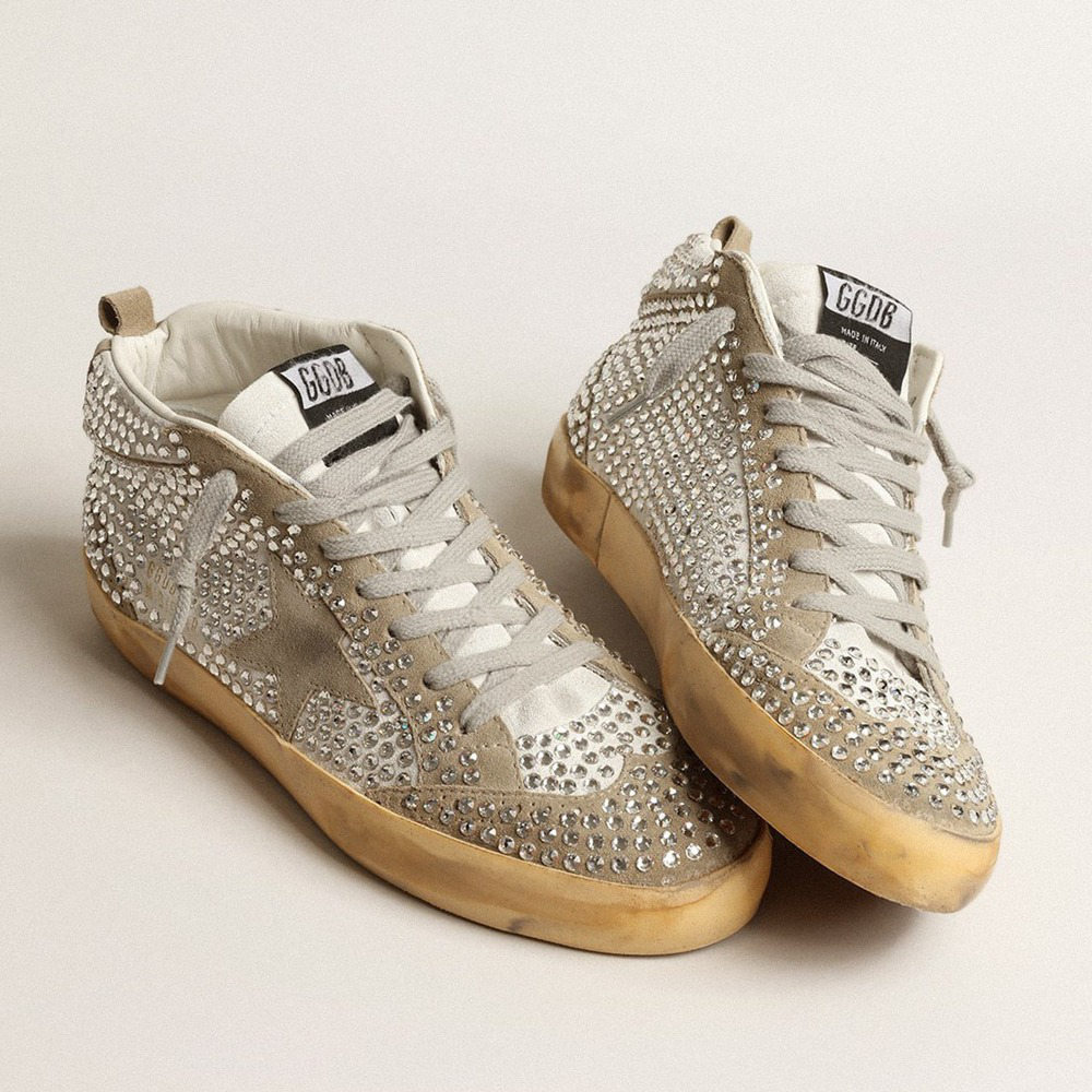 Golden Goose Mid Star LTD In White And Dove-gray Suede With Swarovski Crystals GWF00122.F004088.11376