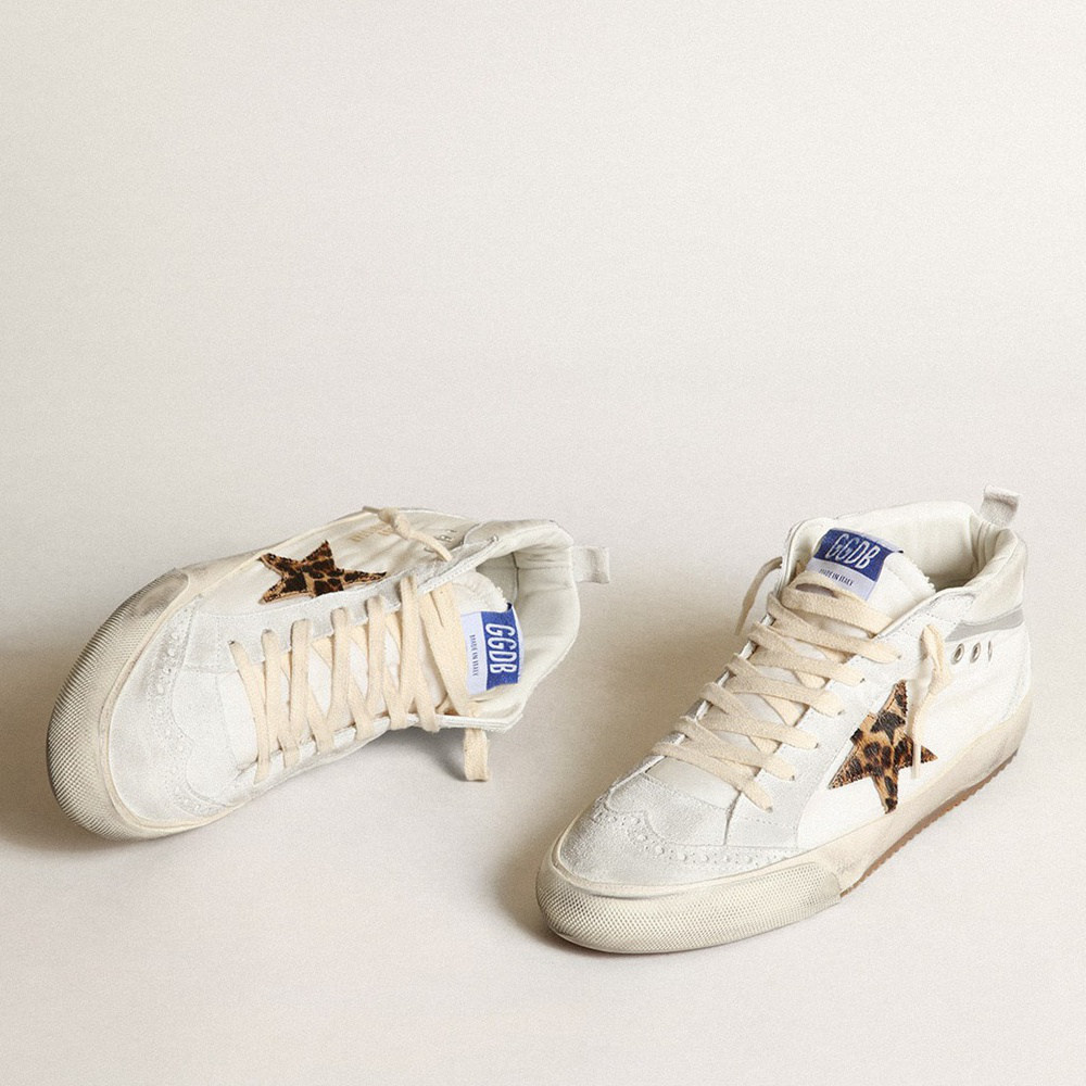 Golden Goose Mid Star LTD In White Nylon With Leopard Print Pony Skin Star GWF00122.F003399.11242