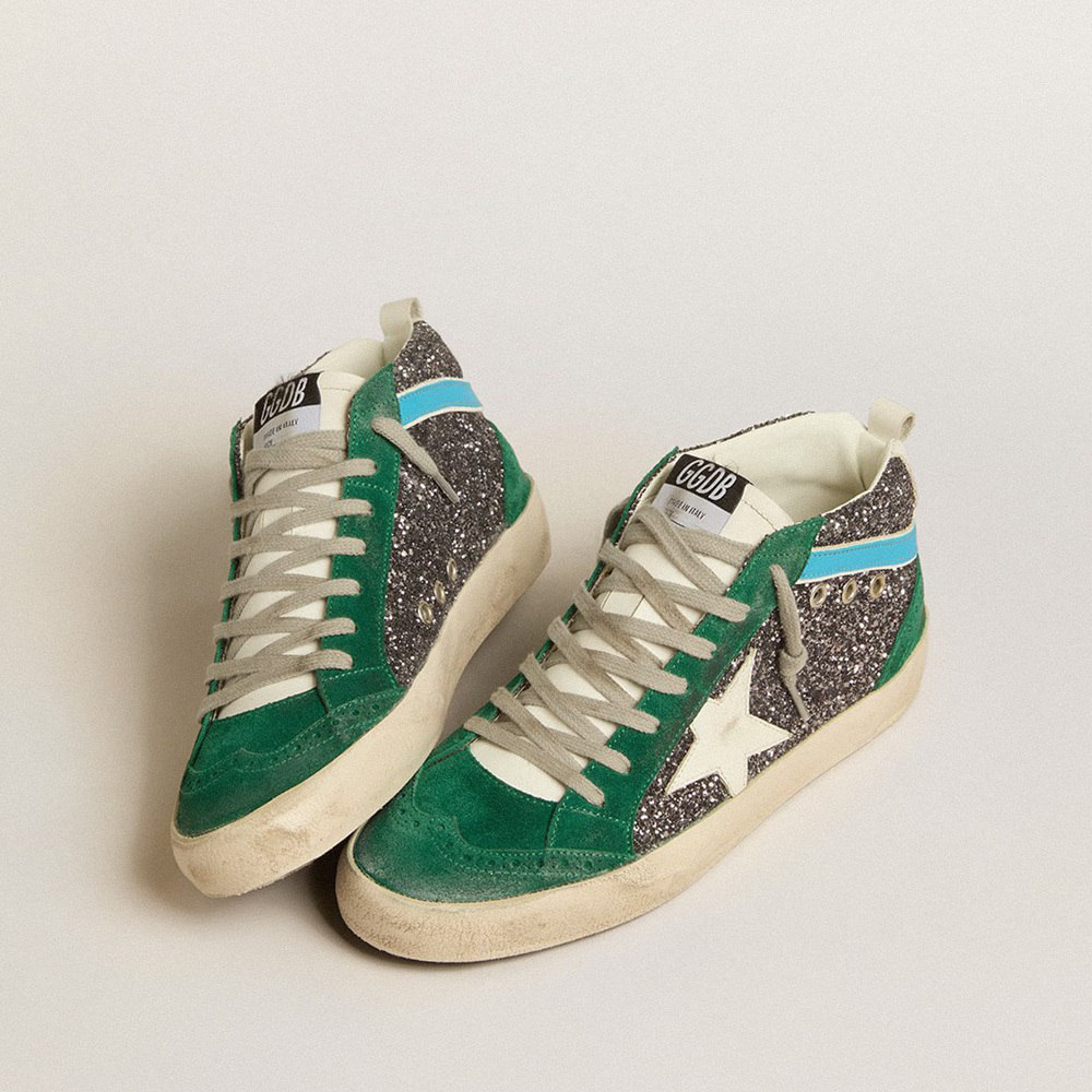 Golden Goose Mid Star In Anthracite Glitter With Leather Star And Light Blue Flash GWF00314.F005256.82516