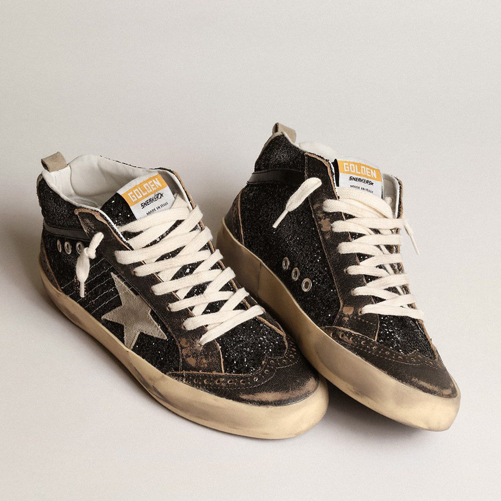 Golden Goose Mid Star In Black Glitter With Dove-gray Suede Star And Heel Tab GWF00122.F003978.90365