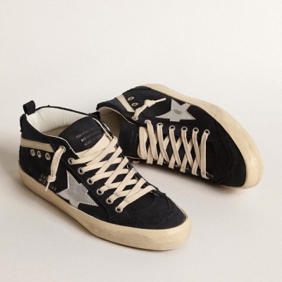 Golden Goose Mid Star In Blue Cotton With Silver Star And Leather Flash GWF00122.F004528.50778