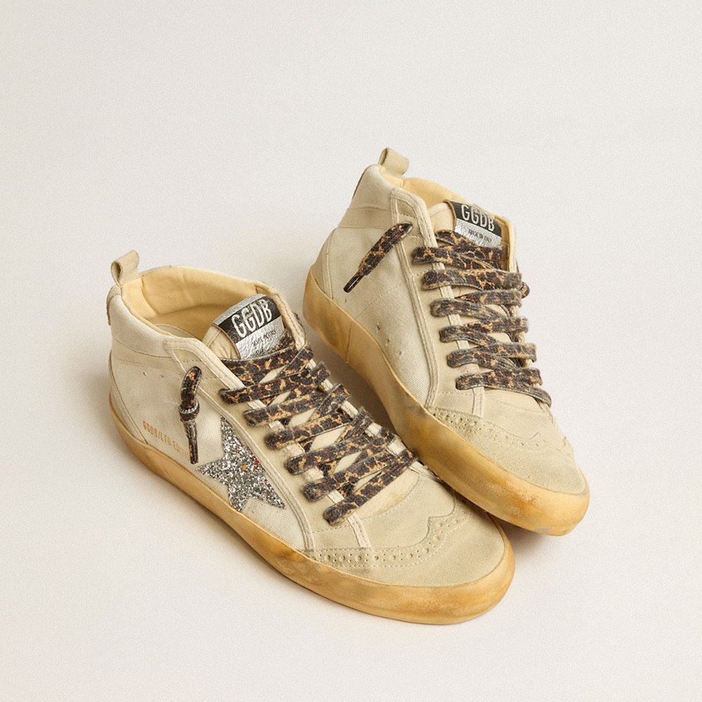 Golden Goose Mid Star In Canvas With Silver Glitter Star And Beige Flash GWF00122.F005270.15260