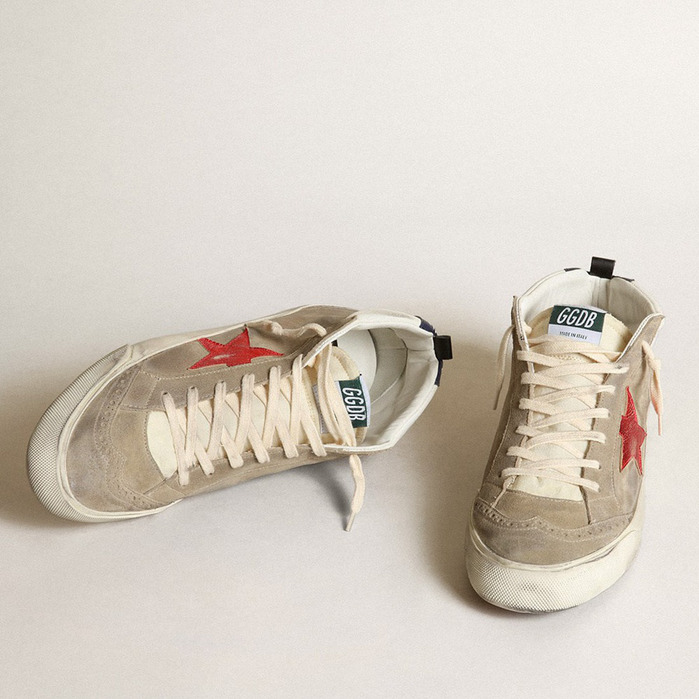 Golden Goose Mid Star In Dove Gray Suede With Red Leather Star GMF00123.F003432.60371