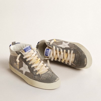 Golden Goose Mid Star In Gray Nylon And Nappa Leather With White Leather Star GMF00123.F004592.60437