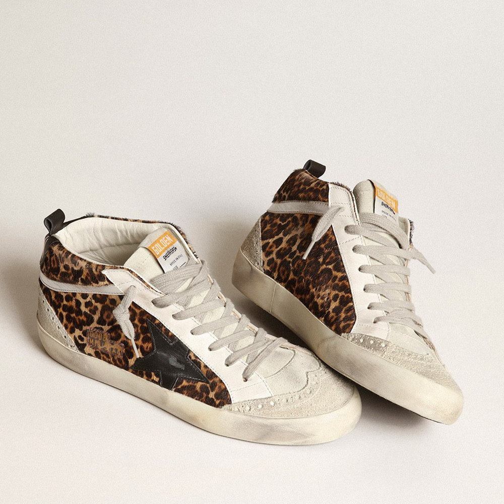 Golden Goose Mid Star In Leopard Print Pony Skin With Black Star GWF00122.F003766.81933