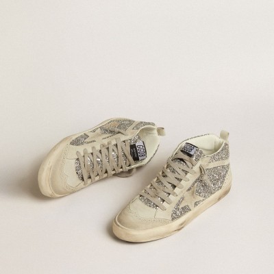 Golden Goose Mid Star In Silver Glitter With Ice-gray Suede Star And Flash GWF00122.F005257.70136