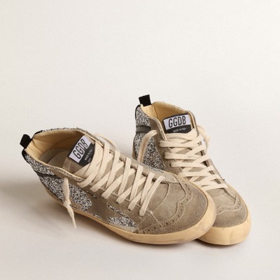 Golden Goose Mid Star In Silver Glitter With Suede Star And Black Flash GWF00122.F004554.70211