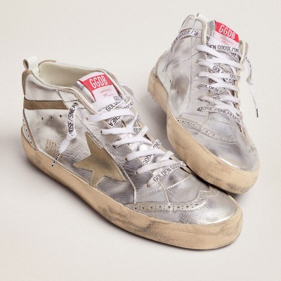 Golden Goose Mid Star In Silver Laminated Leather With Dove Gray Star GWF00122.F002794.70216