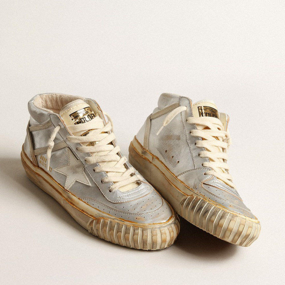 Golden Goose Mid Star In Silver Metallic Leather With Ivory Star GWF00408.F004083.70259