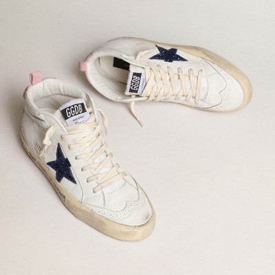 Golden Goose Mid Star With Blue Glitter Star And Pink Suede Heel Tab GWF00122.F003979.11355