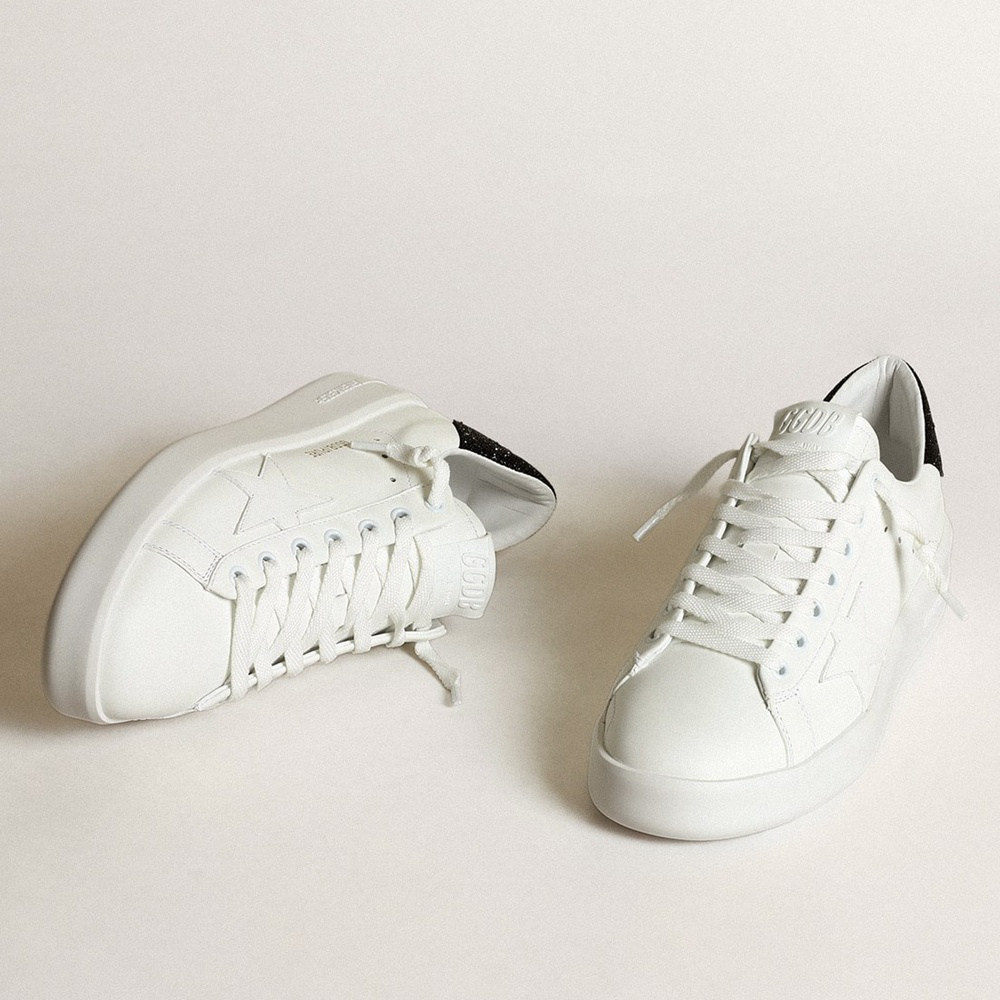 Golden Goose Purestar In White Leather With Tone-on-tone Star And Heel Tab In Black Swarovski Crystals GWF00197.F003431.10283