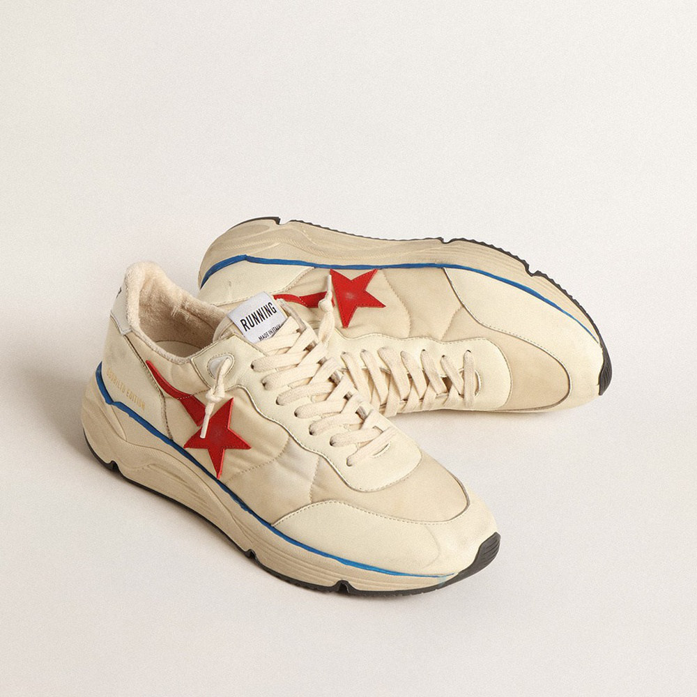 Golden Goose Running Sole LTD In Beige Nylon With Red Leather Star GMF00276.F004586.11196