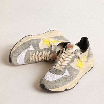 Golden Goose Running Sole In Beige Nylon And Gray Suede With Yellow Star GMF00215.F004615.11519