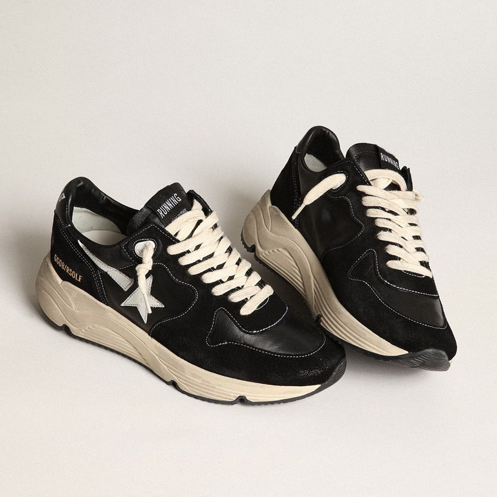 Golden Goose Running Sole In Black Nappa Leather And Suede With A White Star GMF00126.F003775.90352