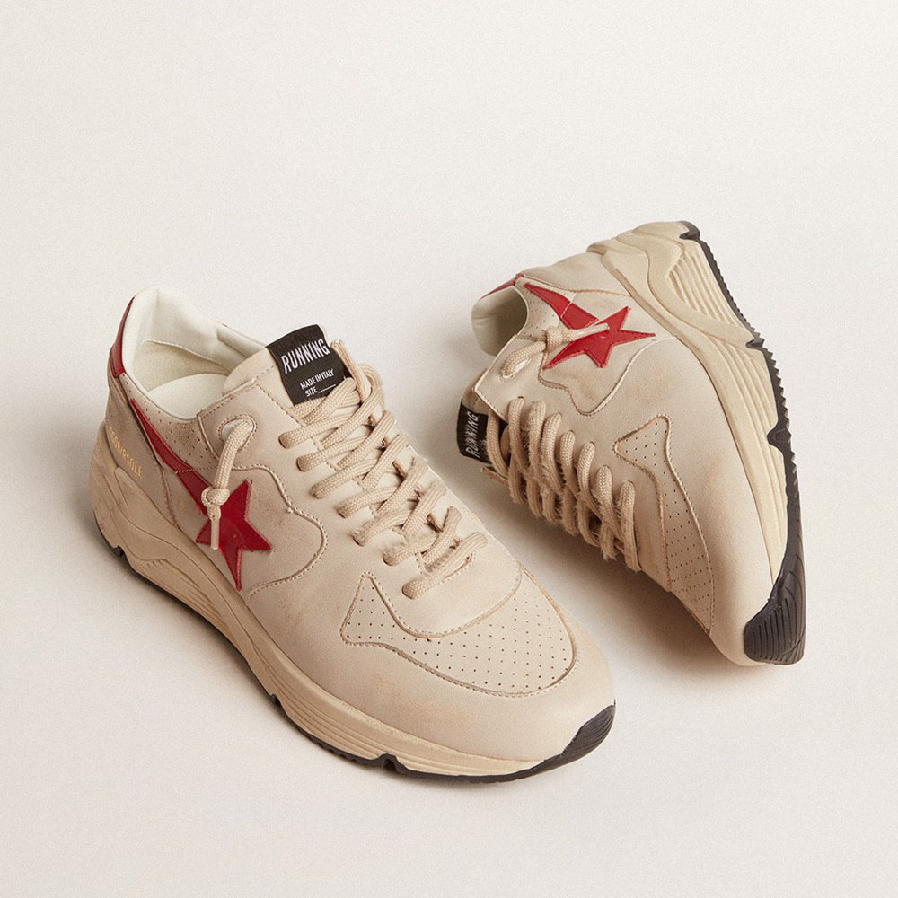 Golden Goose Running Sole In Gray Nappa Leather With Red Nappa Leather Star And Heel Tab GMF00126.F006038.60527