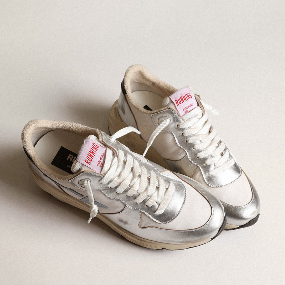 Golden Goose Running Sole In Nylon And Silver Metallic Leather With Light Blue Star GWF00458.F003982.70255