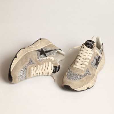 Golden Goose Running Sole In Silver Glitter And Dove Gray Suede GWF00126.F003772.60246