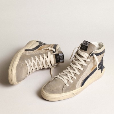 Golden Goose Slide In Beige Mesh And Nylon With Blue Leather Star And Flash GMF00116.F003981.81994