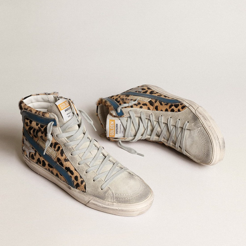 Golden Goose Slide In Leopard Print Pony Skin With Silver Leather Star GWF00115.F003484.81835