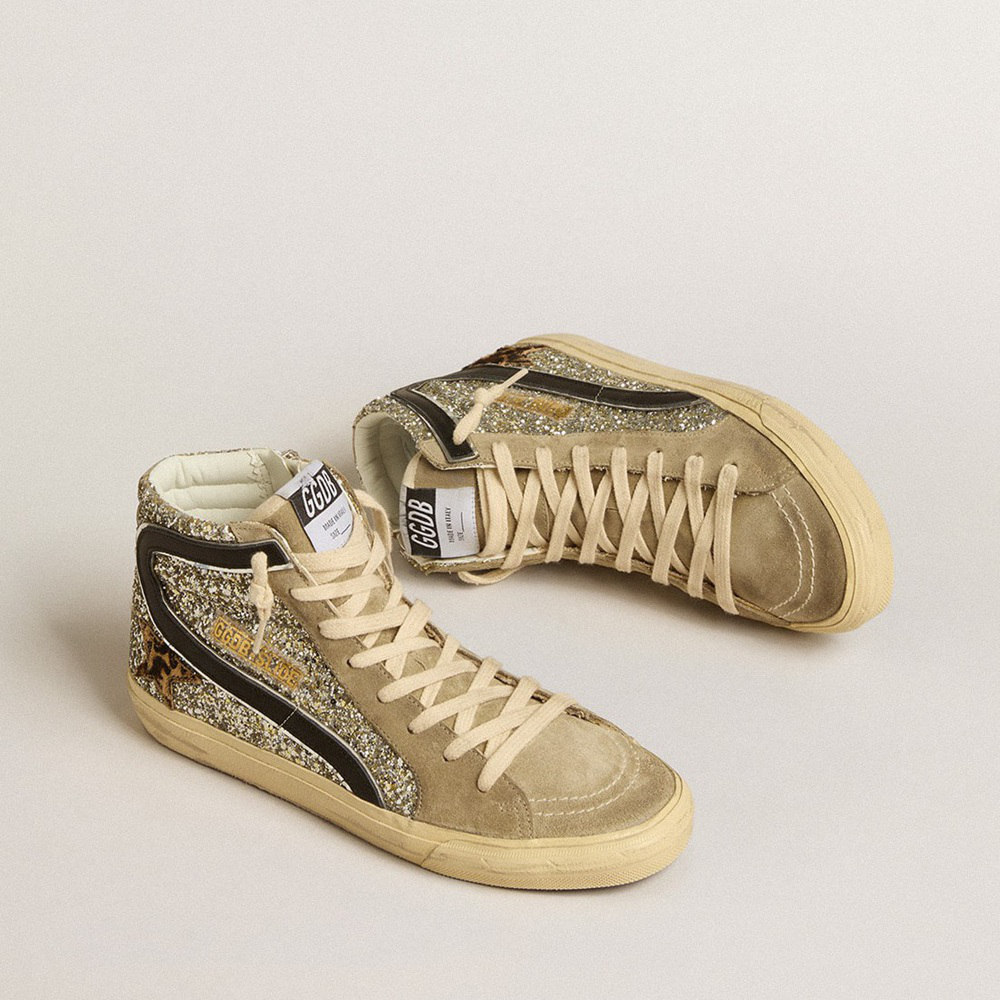 Golden Goose Slide In Platinum Glitter With Leopard-print Pony Skin Star And Black Flash GWF00115.F005248.82515