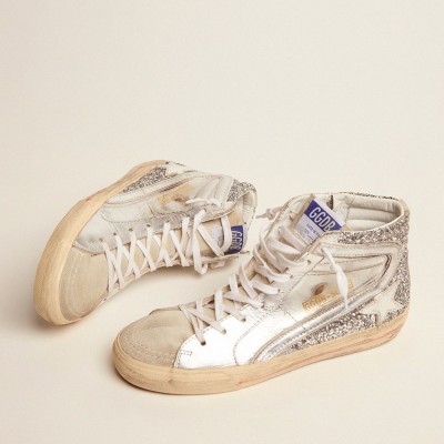 Golden Goose Slide With Laminated Leather Upper And Silver Glitter GWF00116.F001046.70160