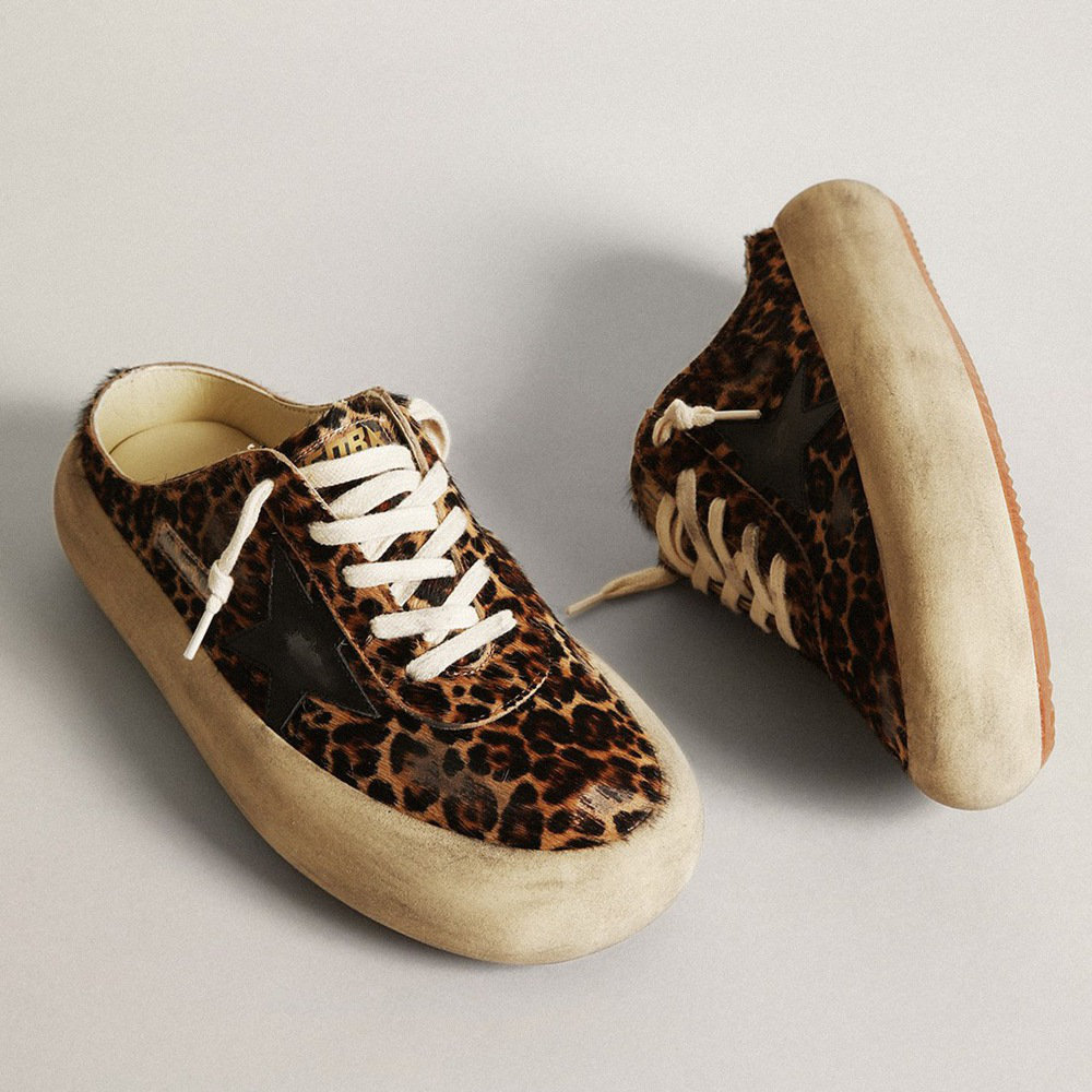 Golden Goose Space-Star Sabot In Leopard Print Pony Skin With Black Star GWF00383.F003331.81472