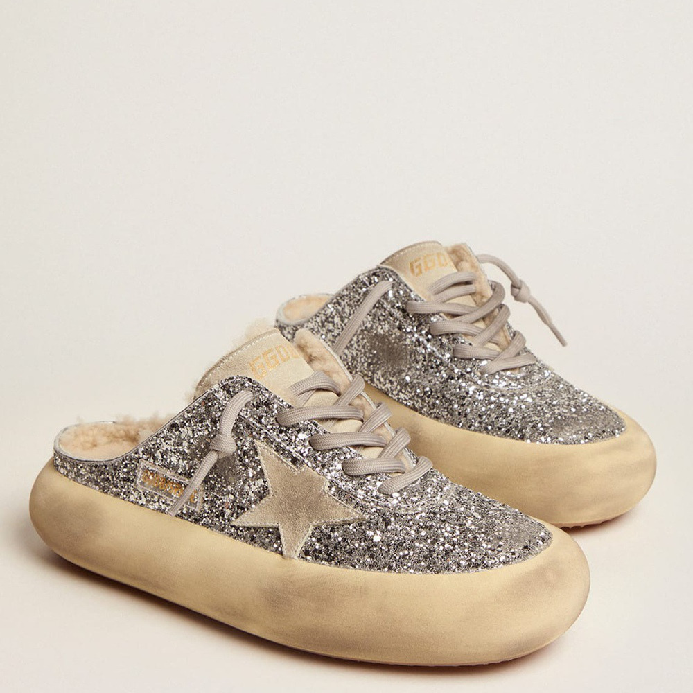 Golden Goose Space-Star Sabot In Silver Glitter And Shearling Lining GWF00322.F002999.70136