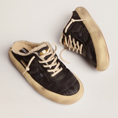 Golden Goose Space-Star Sabot Shoes In Quilted Black Nylon With Shearling Lining GMF00349.F003002.90100