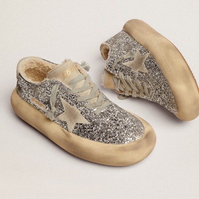 Golden Goose Space-Star Shoes In Silver Glitter With Shearling Lining GWF00346.F002998.70136