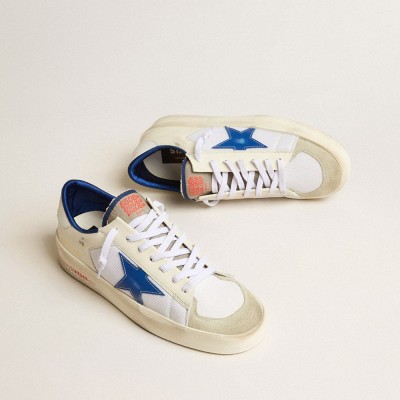 Golden Goose Stardan LTD In White Mesh And Leather With Blue Star And White Heel Tab GMF00593.F005250.11681