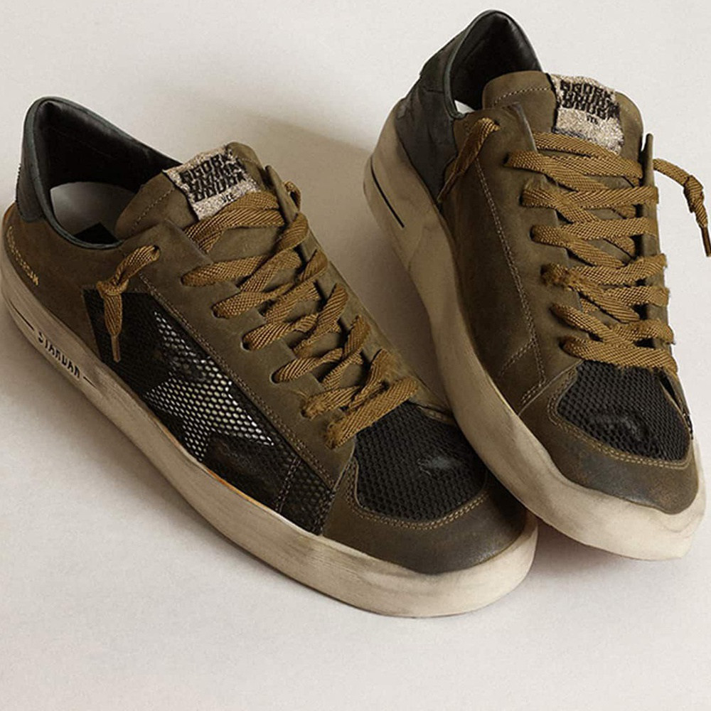 Golden Goose Stardan In Military Green Nubuck And Black Mesh With White Star GMF00370.F003776.81934