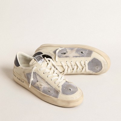 Golden Goose Stardan In White Leather And Mesh With Blue Metallic Heel Tab GMF00580.F004567.10768