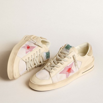 Golden Goose Stardan In White Leather And Mesh With Red Star And Sand-colored Heel Tab GMF00370.F006046.11892