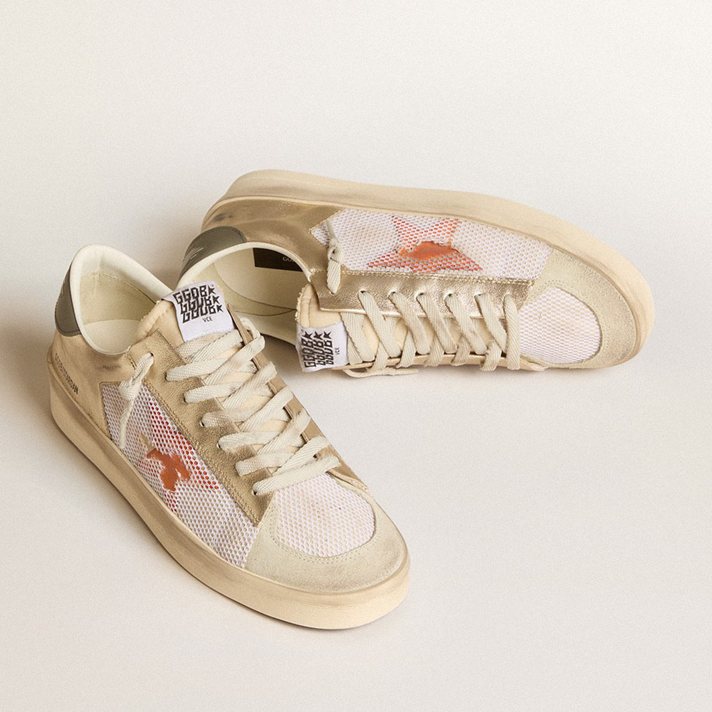 Golden Goose Stardan In White Mesh With Orange Star And Platinum Leather Inserts GMF00370.F006047.82692