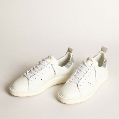 Golden Goose Starter Sneakers In White Leather With Silver Glitter Heel Tab GWF00127.F003737.80185