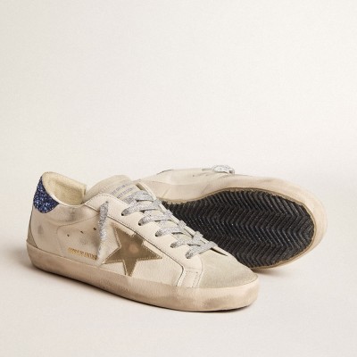 Golden Goose Super-Star LTD In Nappa Leather With Platinum Star And Blue Glitter Heel Tab GWF00102.F005847.11859