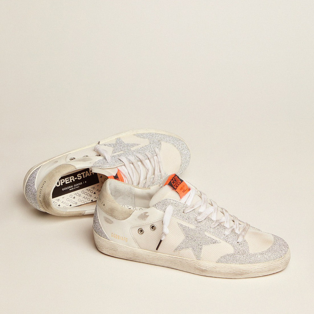 Golden Goose Super-Star LTD In White Leather And Mesh With Star And Inserts In Swarovski Micro-crystals GWF00102.F003017.10268