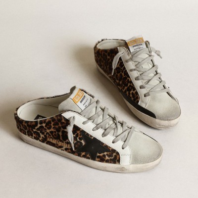 Golden Goose Super-Star Sabot In Leopard Print Pony Skin With Black Star GWF00110.F003380.80189