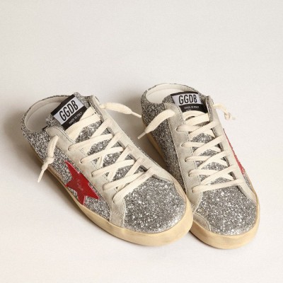 Golden Goose Super-Star Sabot In Silver Glitter With Red Leather Star GWF00110.F003780.81521