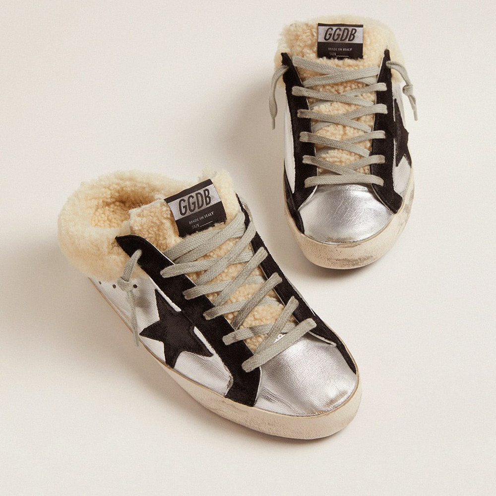 Golden Goose Super-Star Sabot In Silver Laminated Leather With Black Star GWF00110.F002307.70149