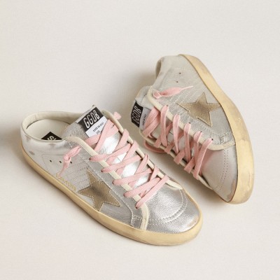 Golden Goose Super-Star Sabots In Silver Metallic Leather With Suede Star GWF00110.F004046.70216