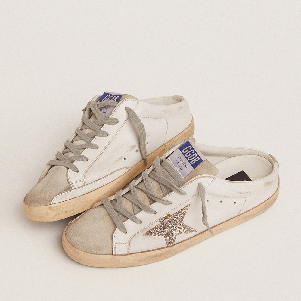 Golden Goose Super-Star Sabots In White Leather And Gray Suede With Silver Glitter Star GWF00110.F001722.81194