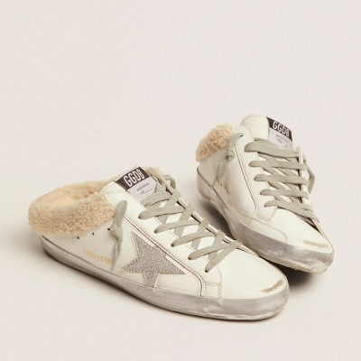 Golden Goose Super-Star Sabots In White Leather With Shearling Lining GWF00110.F001724.10224