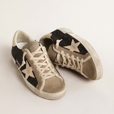 Golden Goose Super-Star In Black Glitter With Cream Star And Suede Inserts GWF00587.F004683.90401