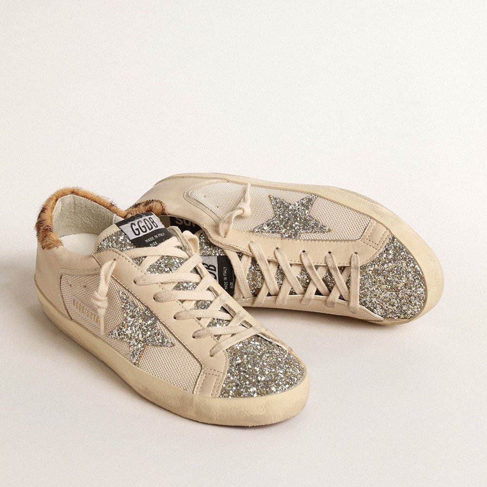 Golden Goose Super-Star In Cream Mesh With Glitter Star And Leopard Heel Tab GWF00103.F004675.15499